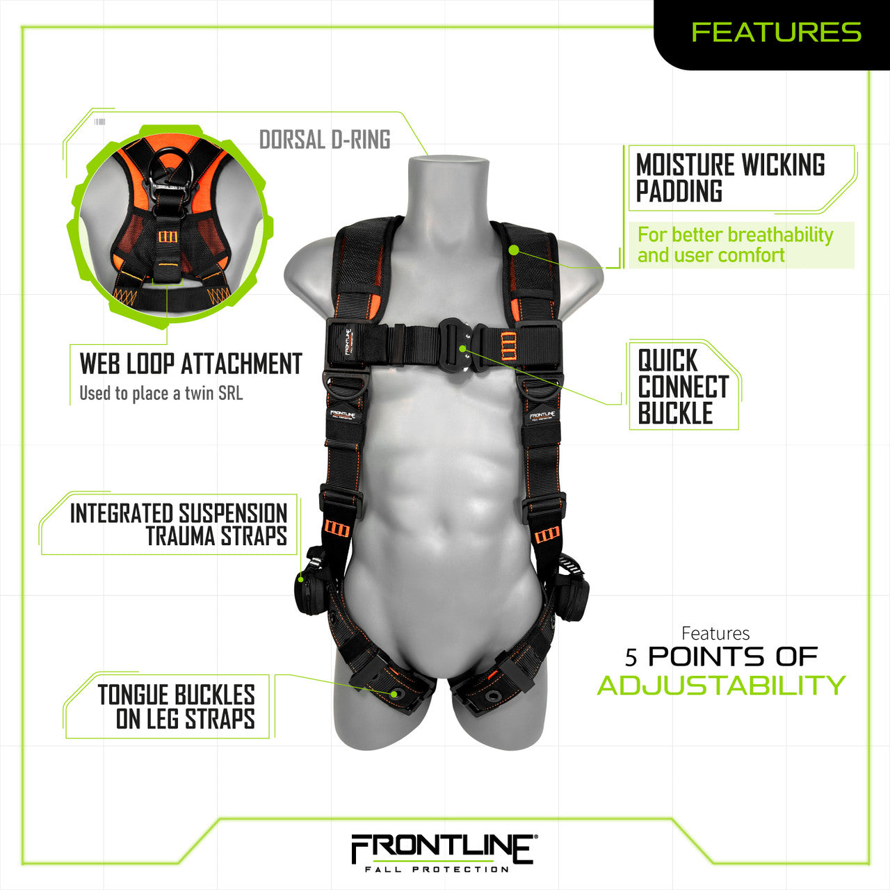 Frontline 110VTB Combat Lite Vest Style Harness with Aluminum Hardware and Suspension Trauma Straps S