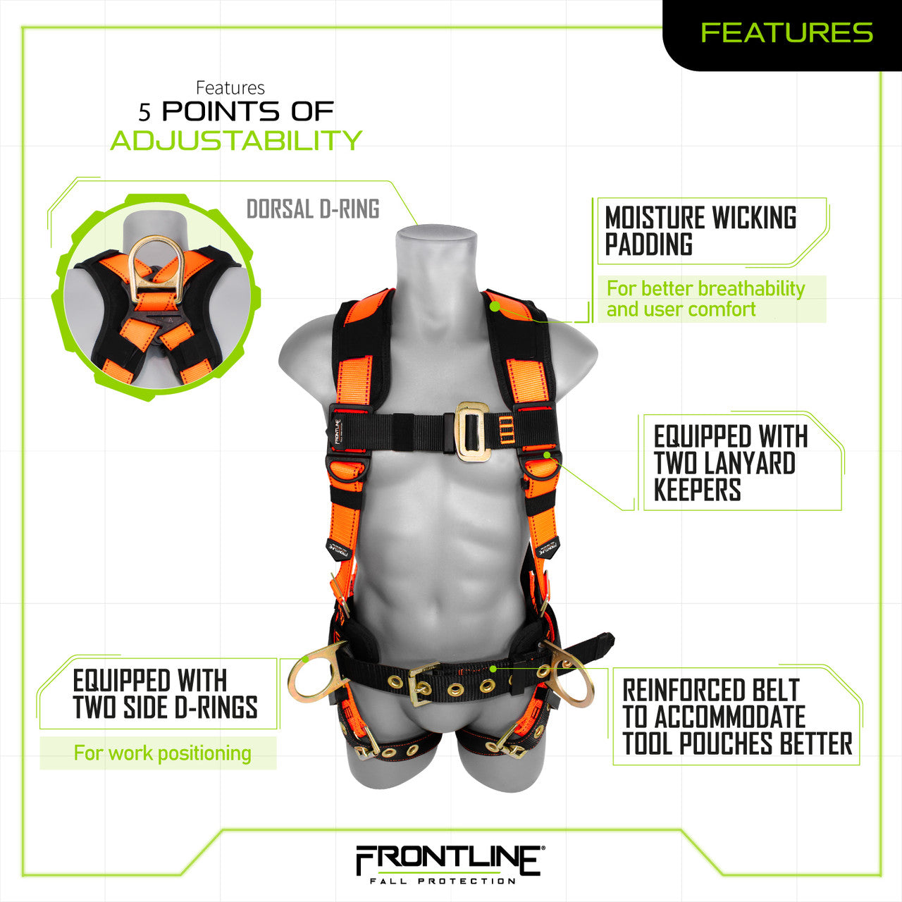 Frontline 50CTB Combat Construction Style Full Body Harness with Tongue Buckle Belt & Legs XL/2X