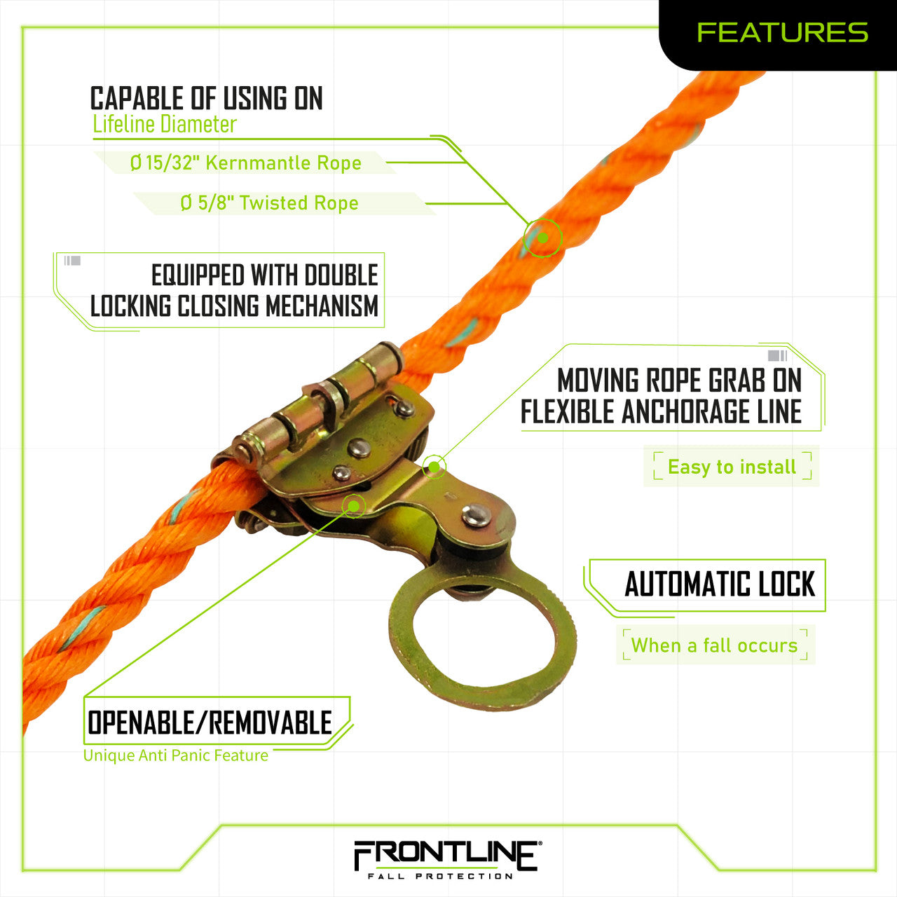 Frontline RGSS58 Self-tracking Rope Grab for 5/8" Lifeline Rope