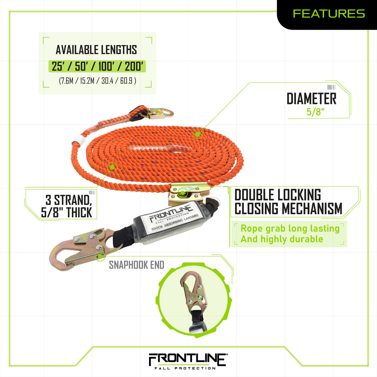 Frontline VLPR3L Premium Vertical Lifeline with Openable Rope Grab and Shock Pack 50'