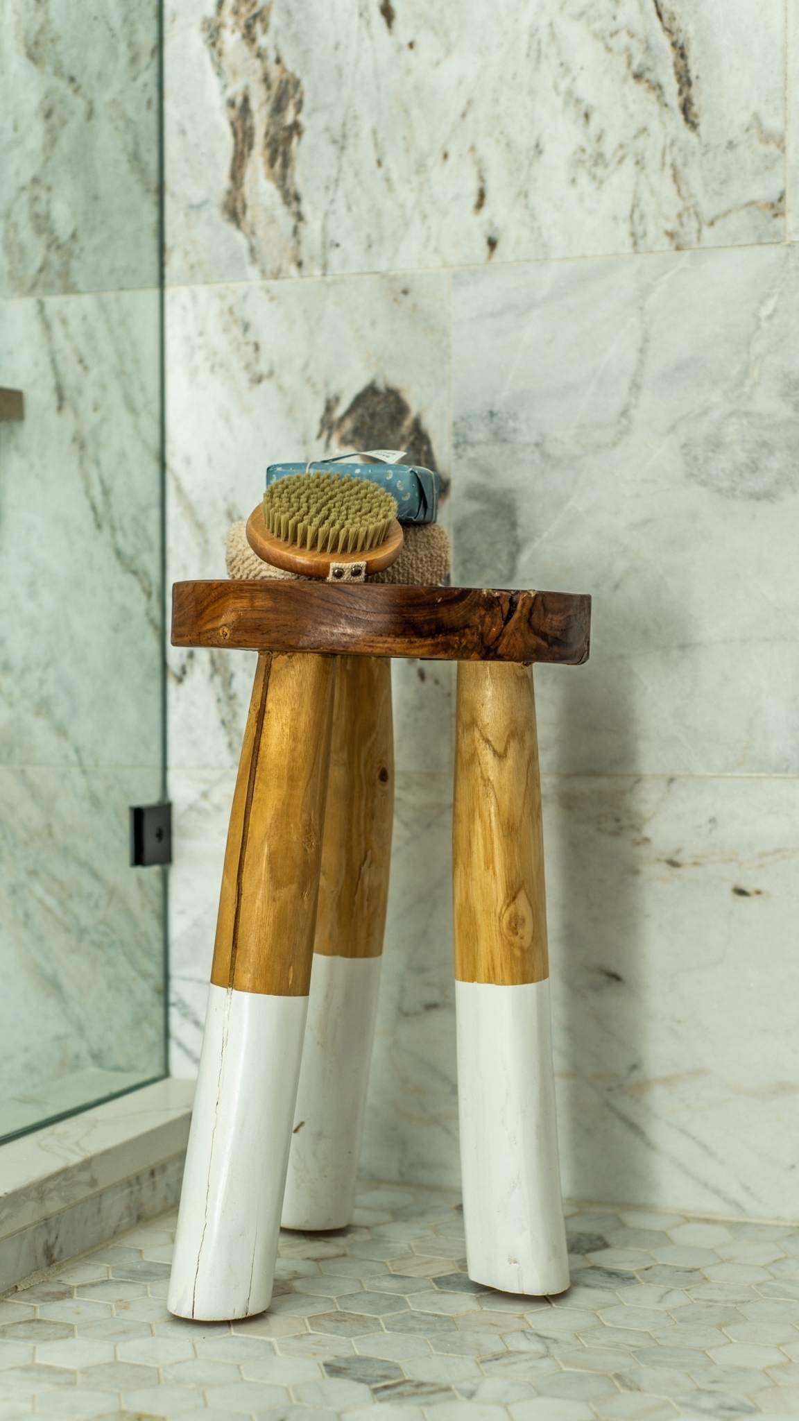 Teak stool with white legs