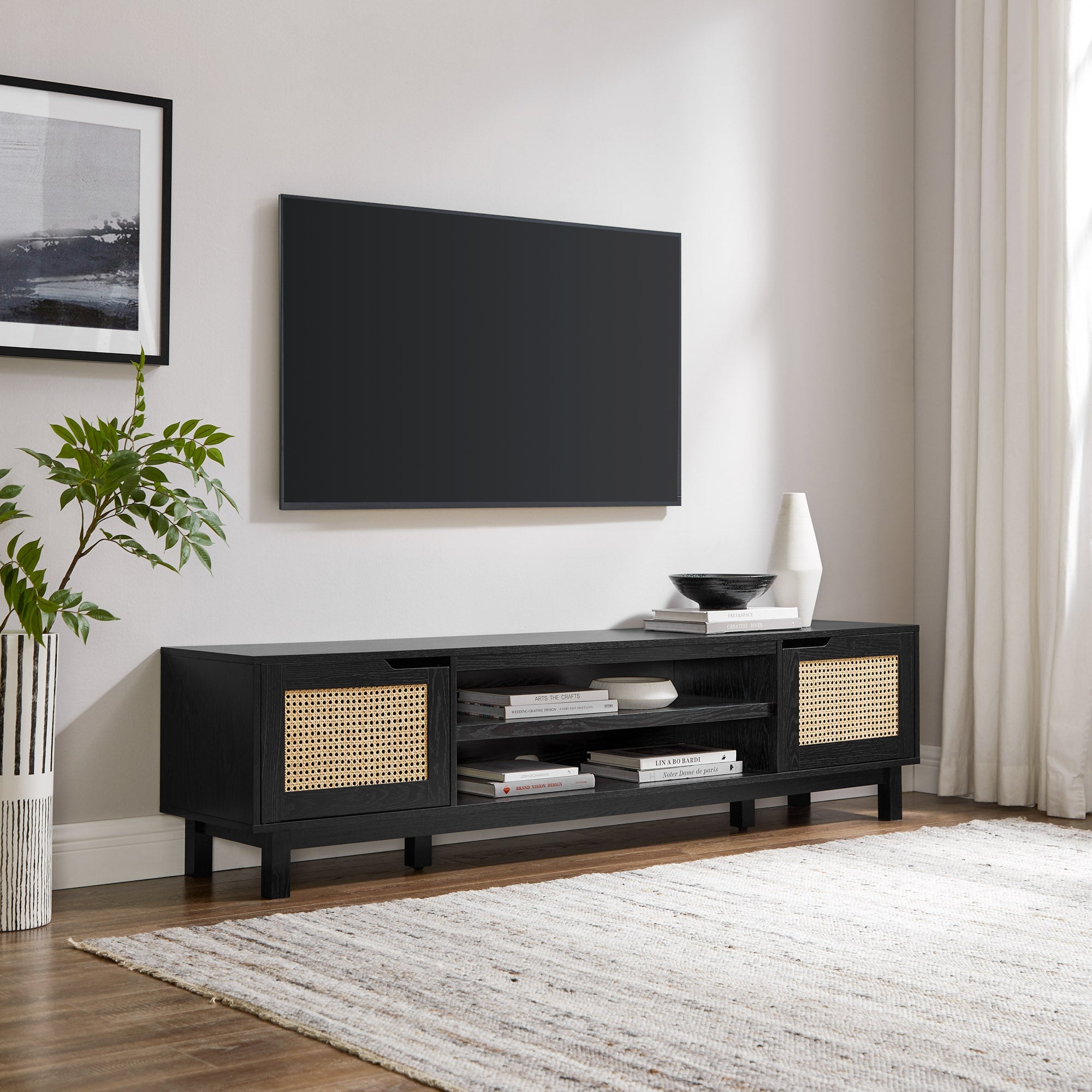 Mueble de TV de ratán sintético con dos puertas Hamkke Boho