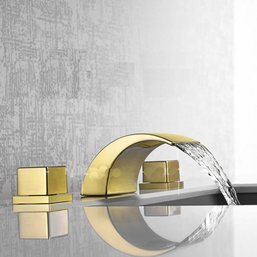 Brushed Gold or Matte Black Or Brushed Nickel Waterfall Bathroom Sink Faucet with 3 Holes, 2 Handles and Pop-Up Drain