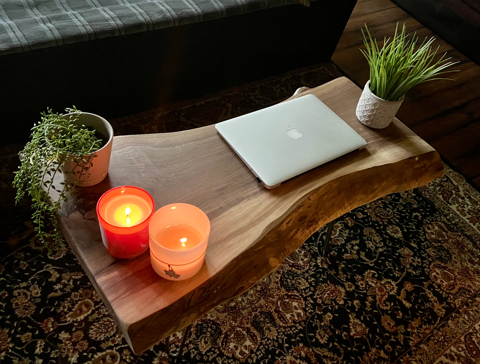 Gray and Violet Live Edge Walnut Rustic Wood Coffee Table