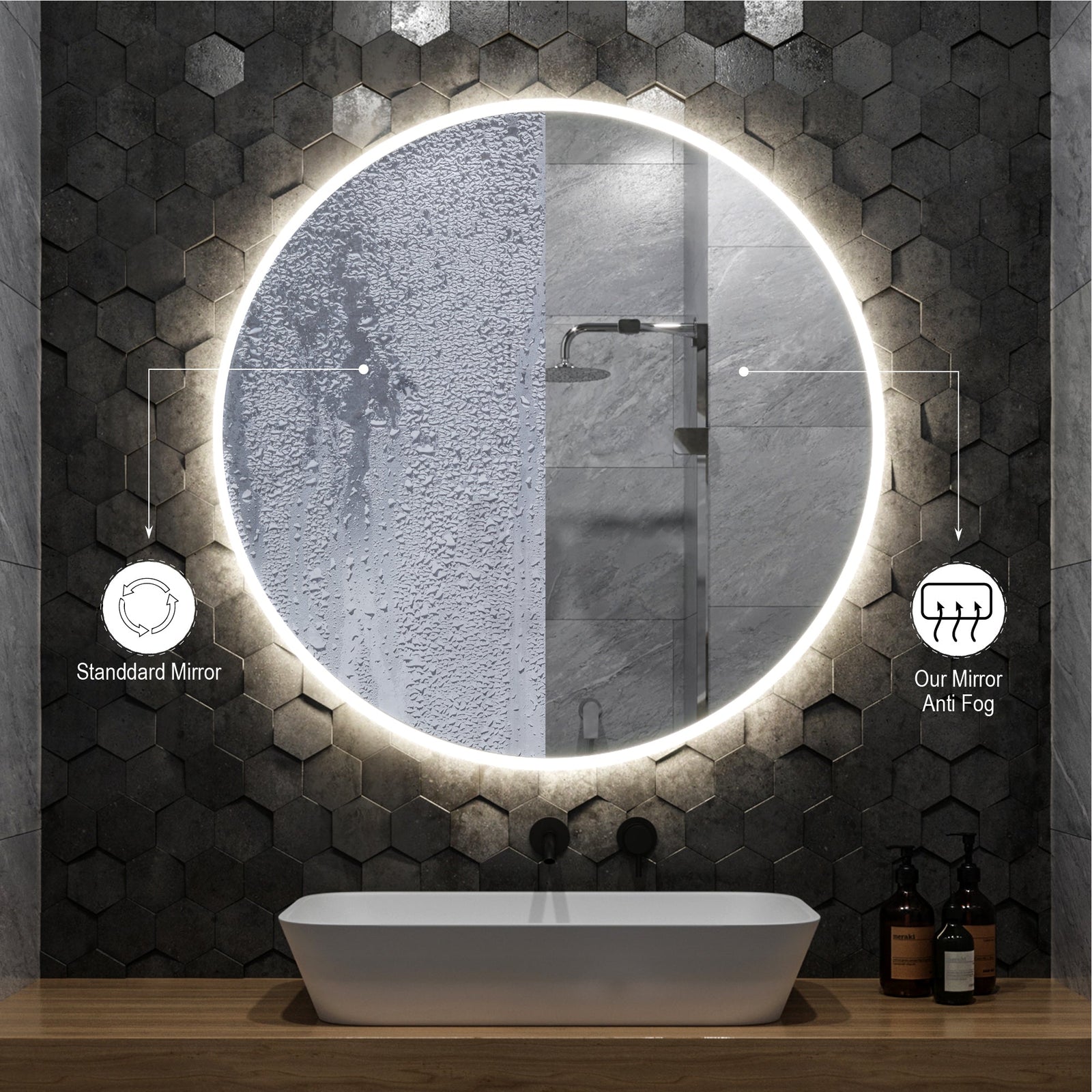 Espejo de pared para baño redondo con luz LED retroiluminada Zeek de 32