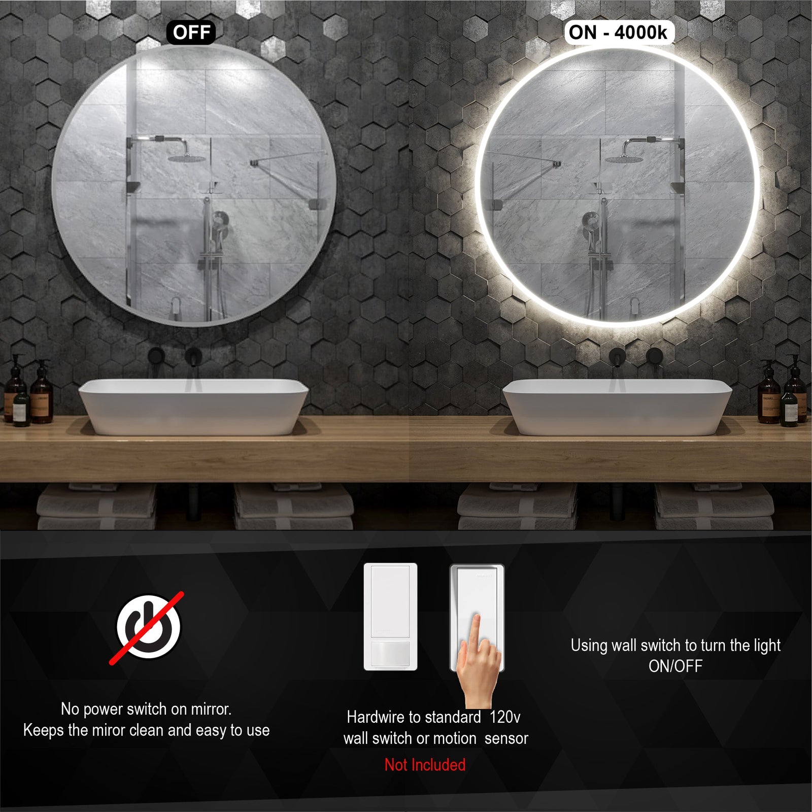 Espejo de pared para baño redondo con luz LED retroiluminada Zeek de 32