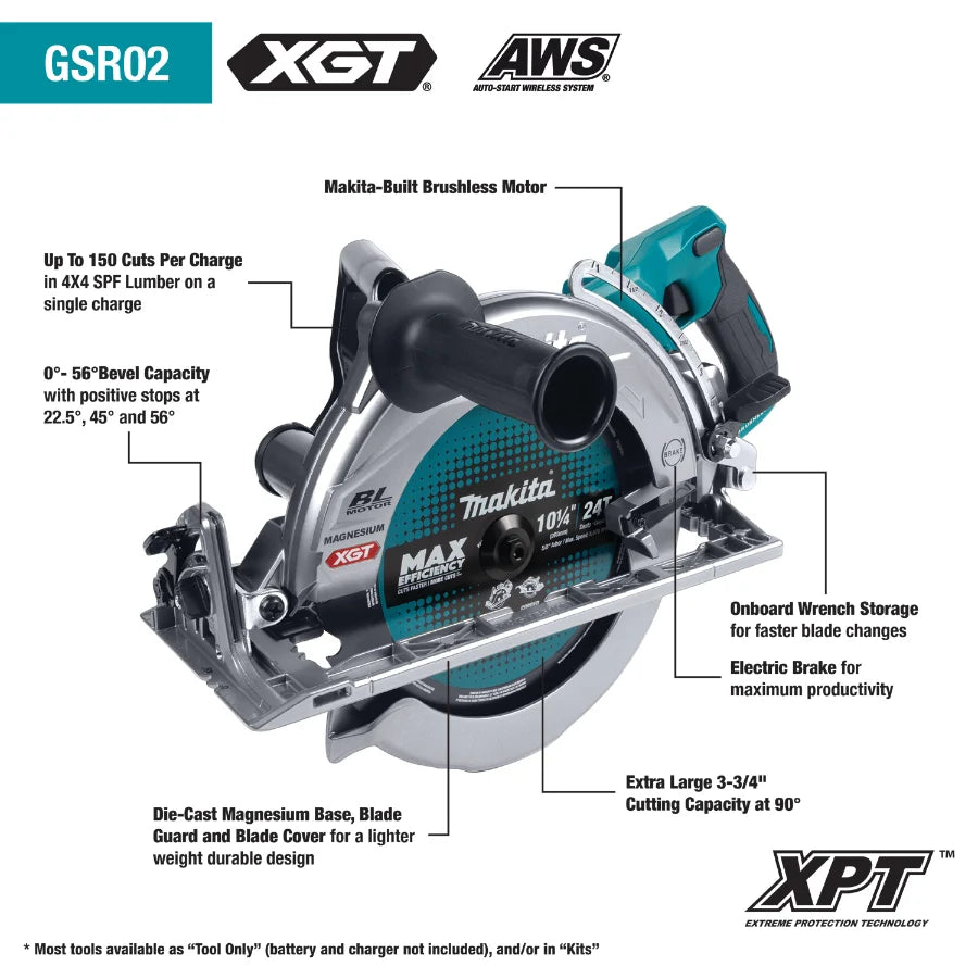 Makita GSR02M1 40V max XGT® Brushless Cordless Rear Handle 10‑1/4" Circular Saw Kit, AWS® Capable (4.0Ah)