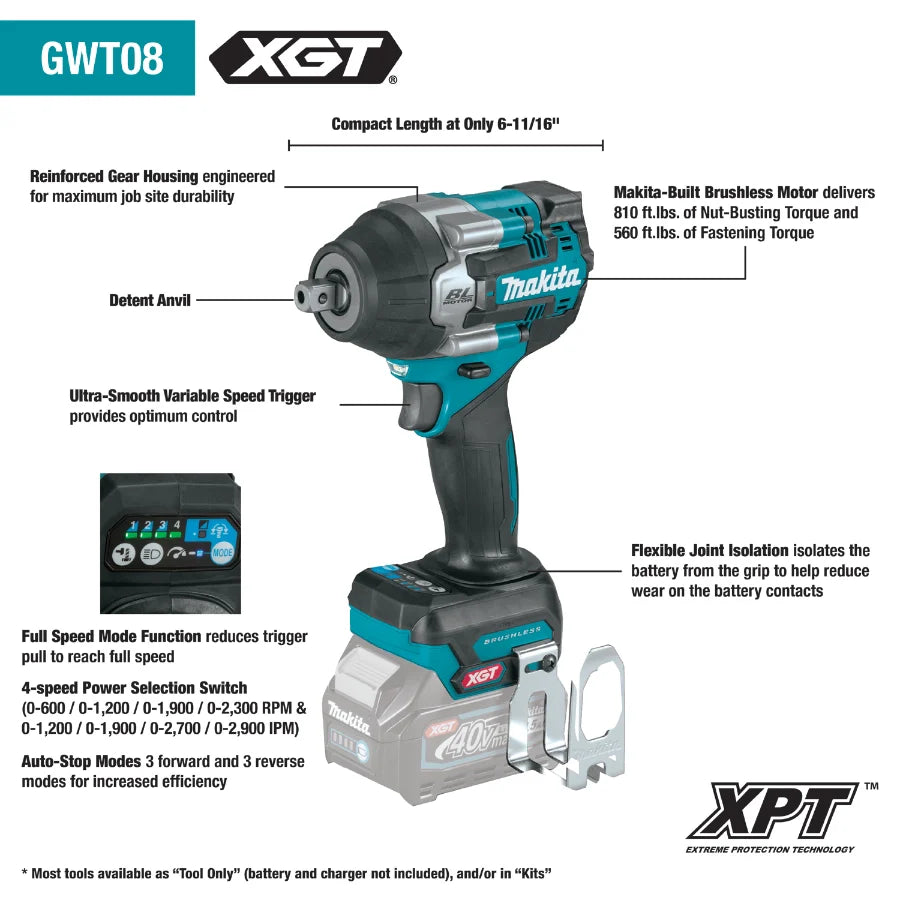 Makita GWT08Z 40V max XGT® Brushless Cordless 4‑Speed Mid‑Torque 1/2" Sq. Drive Impact Wrench w/ Detent Anvil, Tool Only