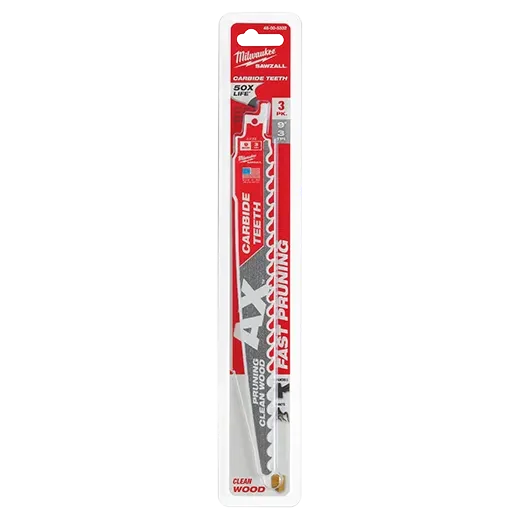 Milwaukee 48-00-5332 9" 3 TPI The AX™ with Carbide Teeth for Pruning & Clean Wood SAWZALL® Blade 3PK