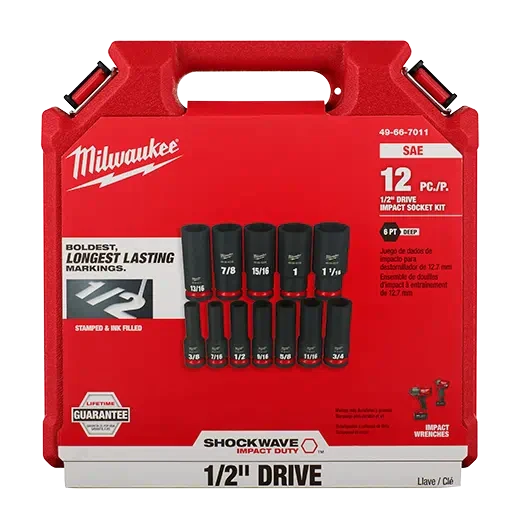 Juego de dados profundos de 6 puntas SAE con impulsor de 1/2" Milwaukee 49-66-7011 de 12 piezas SHOCKWAVE Impact Duty™