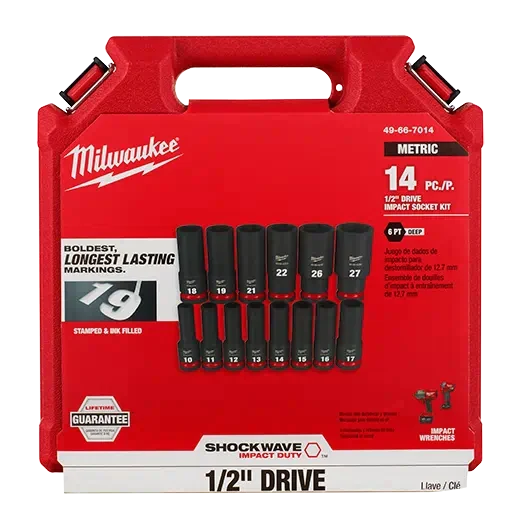 Juego de dados profundos de 6 puntas métricos con impulsión de 1/2" SHOCKWAVE Impact Duty™ de Milwaukee 49-66-7014 de 14 piezas