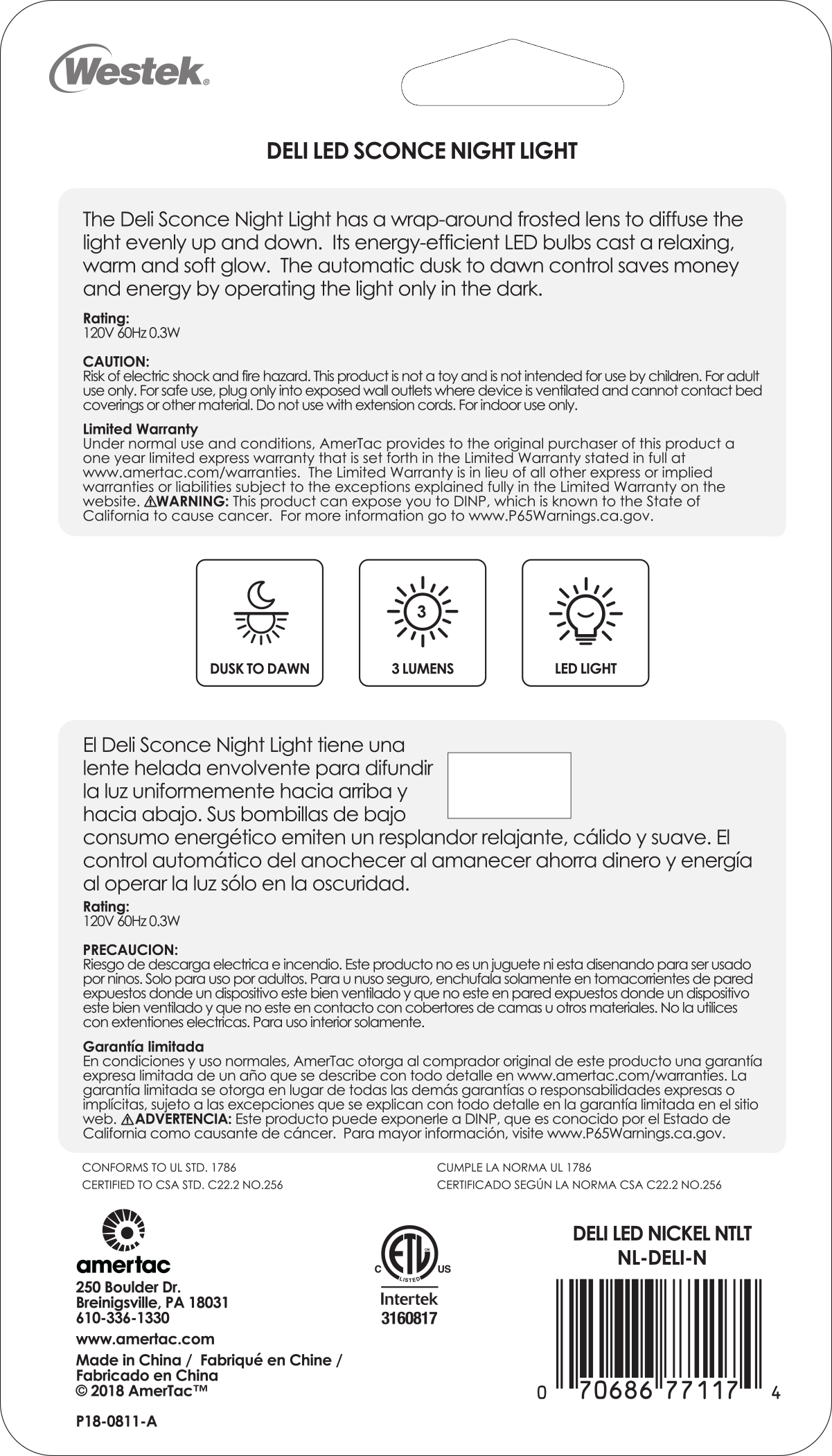 Lámpara de noche automática LED de níquel Deli