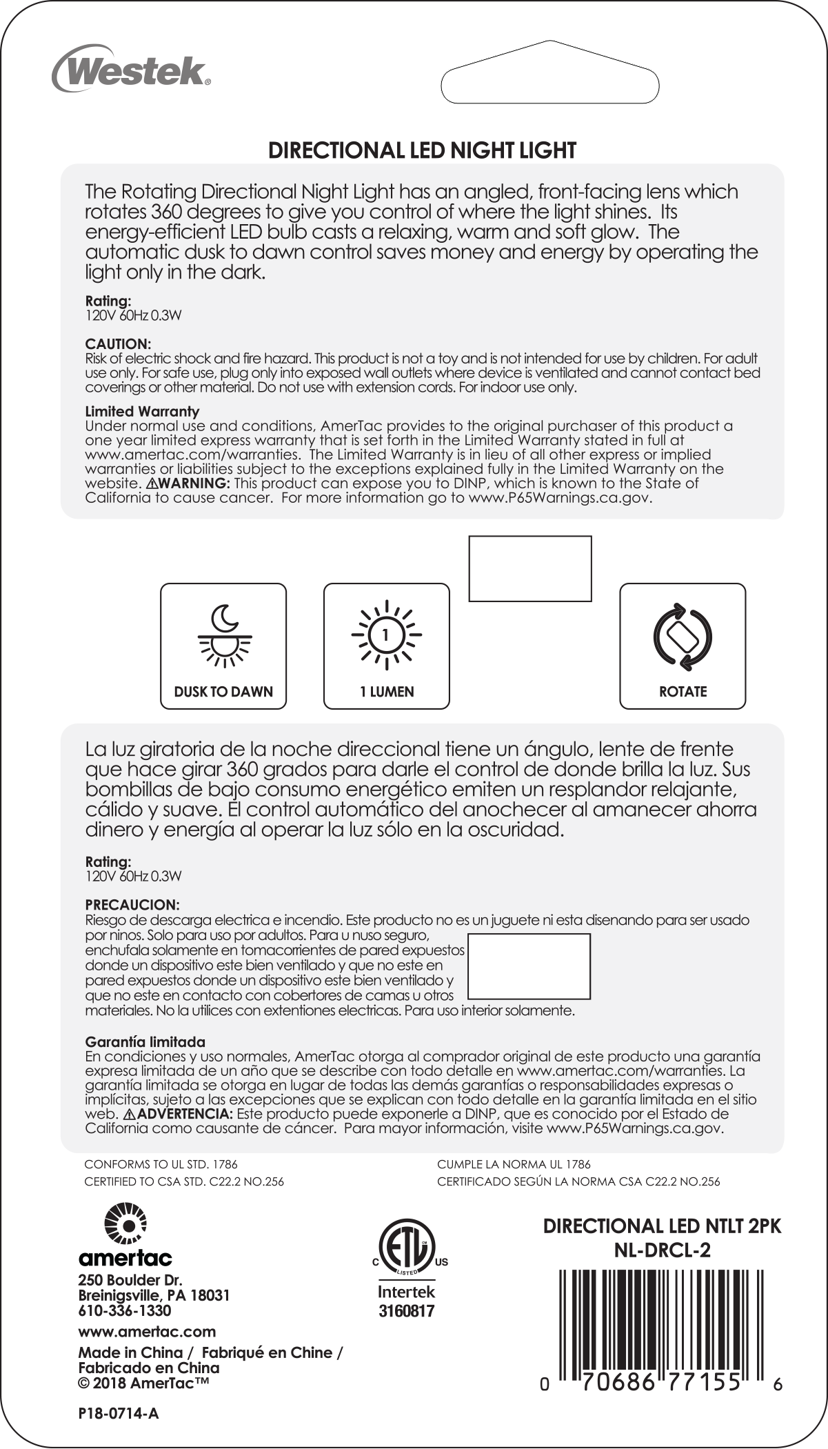 Luz nocturna automática LED direccional giratoria (paquete de 2)