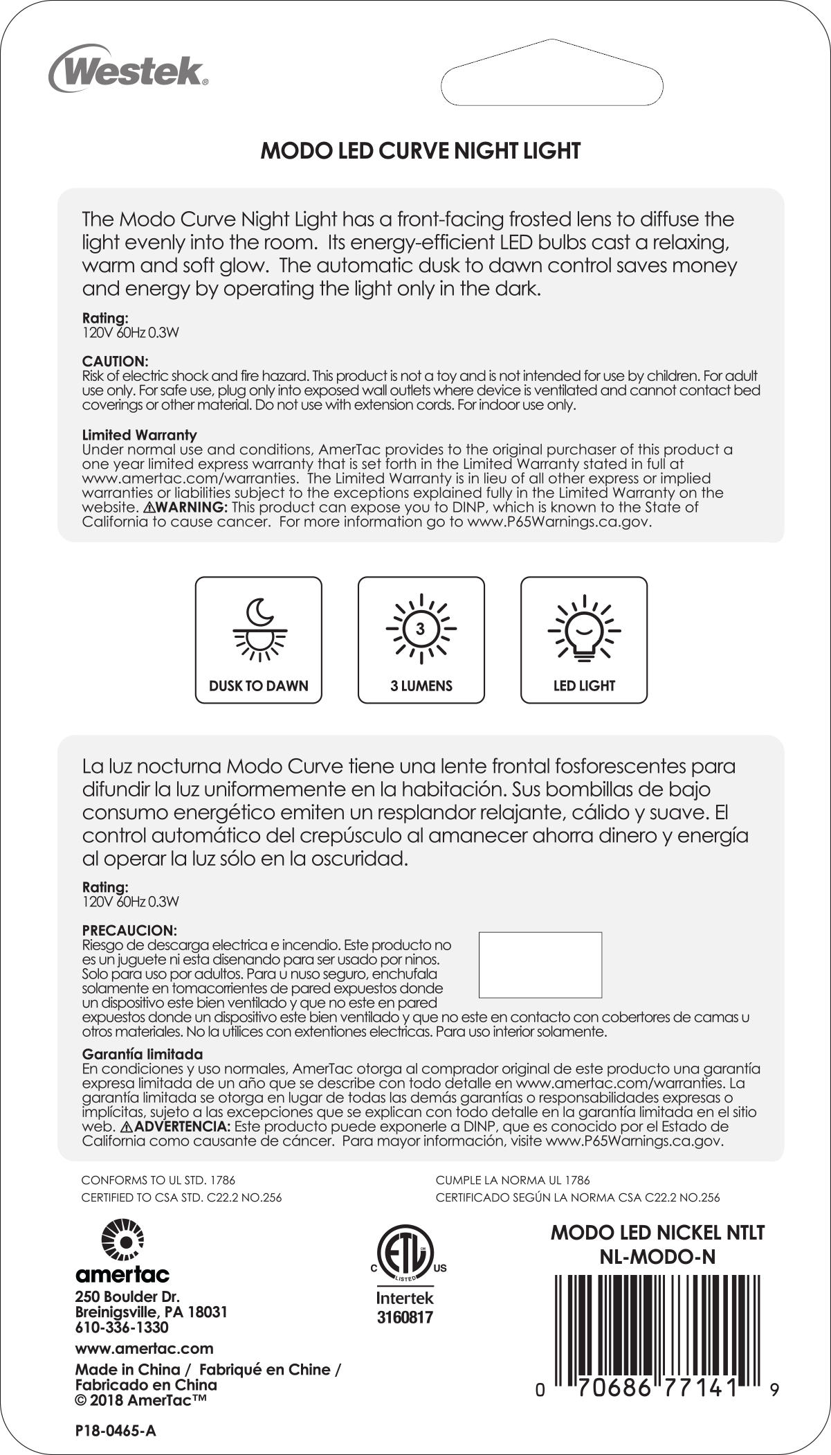 Luz de noche automática LED de níquel Modo