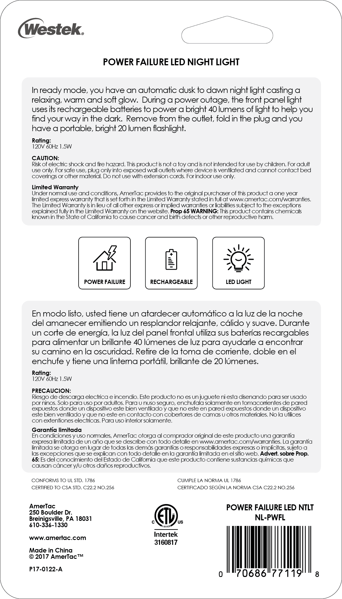 Linterna LED/Luz nocturna en caso de corte de energía