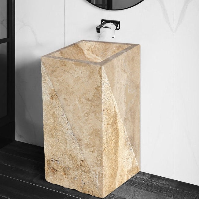 Lavabo independiente rectangular con pedestal de travertino de nogal y forma prismática, pulido (ancho) 14