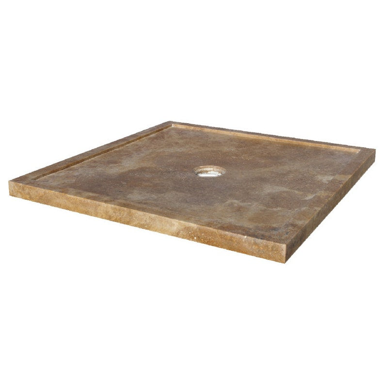 Noce Brown Travertine Square Shower Base Hand-carved from Solid Travertine Block (W)36