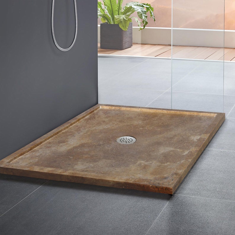 Noce Brown Travertine Square Shower Base Hand-carved from Solid Travertine Block (W)36" (L)36"