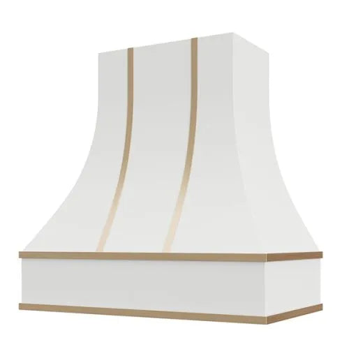 Primed Range Hood With Curved Front, Brass Strapping and Block Trim - 30