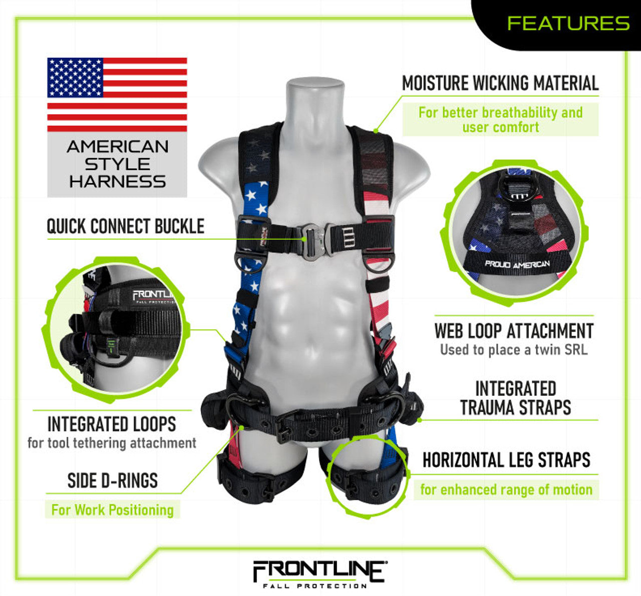 Frontline 110CTB-AM American Style Full Body Harness with Aluminum Hardware and Suspension Trauma Straps XL/2X