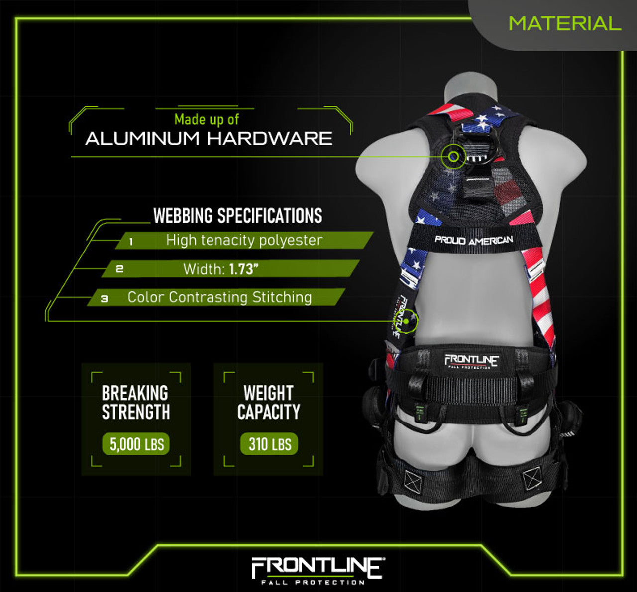 Frontline 110CTB-AM American Style Full Body Harness with Aluminum Hardware and Suspension Trauma Straps XL/2X