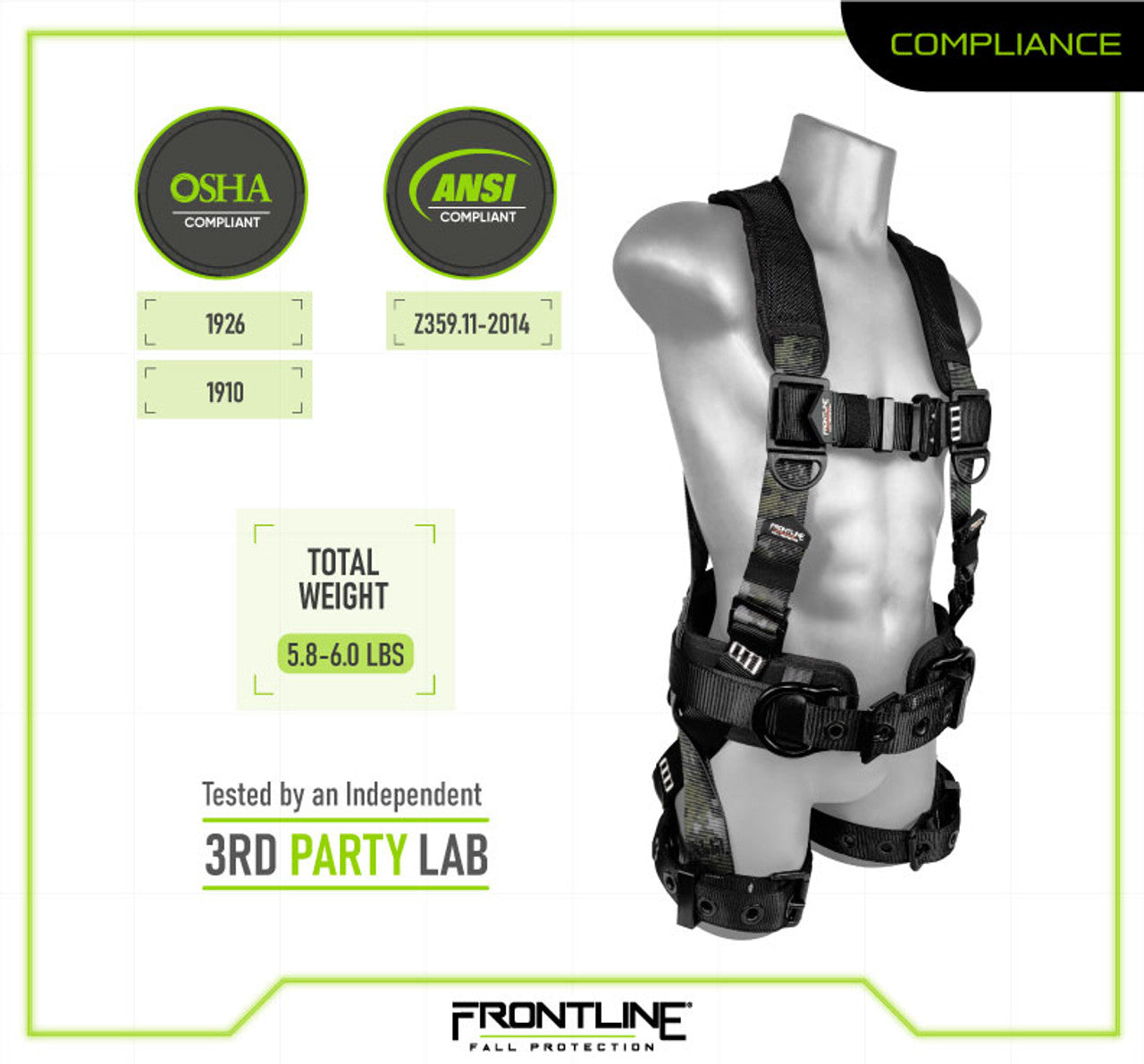 Arnés de cuerpo completo Frontline 110CTB-DC con camuflaje digital, herrajes de aluminio y correas de suspensión para traumatismos, talla M/L