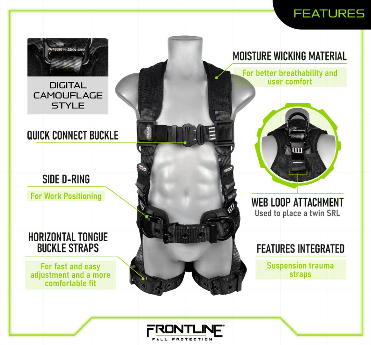 Arnés de cuerpo completo Frontline 110CTB-DC con camuflaje digital, herrajes de aluminio y correas de suspensión para traumatismos, talla M/L