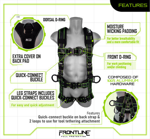 Frontline 200RE Elite Lite Climbing/Rescue Full Body Harness with Aluminum Quick Connect Buckles 2XL/3XL