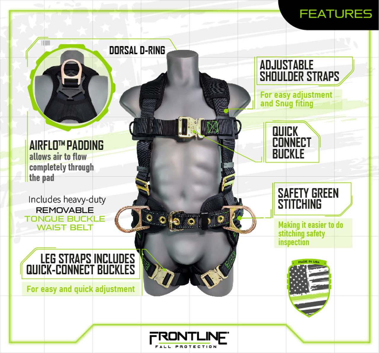 Frontline 350CQC Patriot Construction Harness with Airflo and Quick Connect Buckles - Made in USA Universal