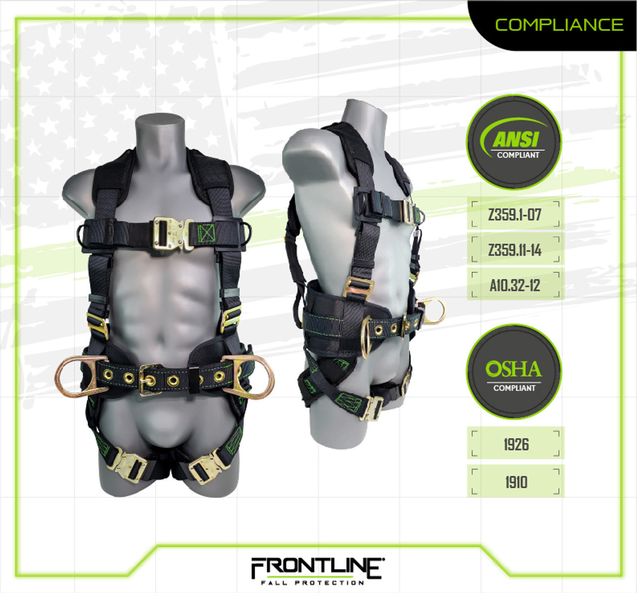 Frontline 350CQC Patriot Construction Harness with Airflo and Quick Connect Buckles - Made in USA 2XL