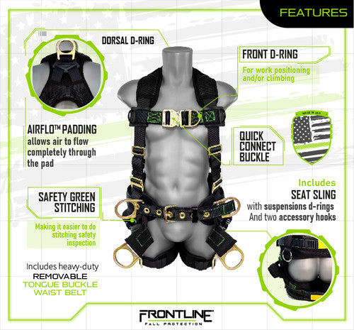 Frontline 350TWQC Patriot Tower Climbing Harness with Seat Sling, Airflo and Quick Connect Buckles - Made in USA 2XL