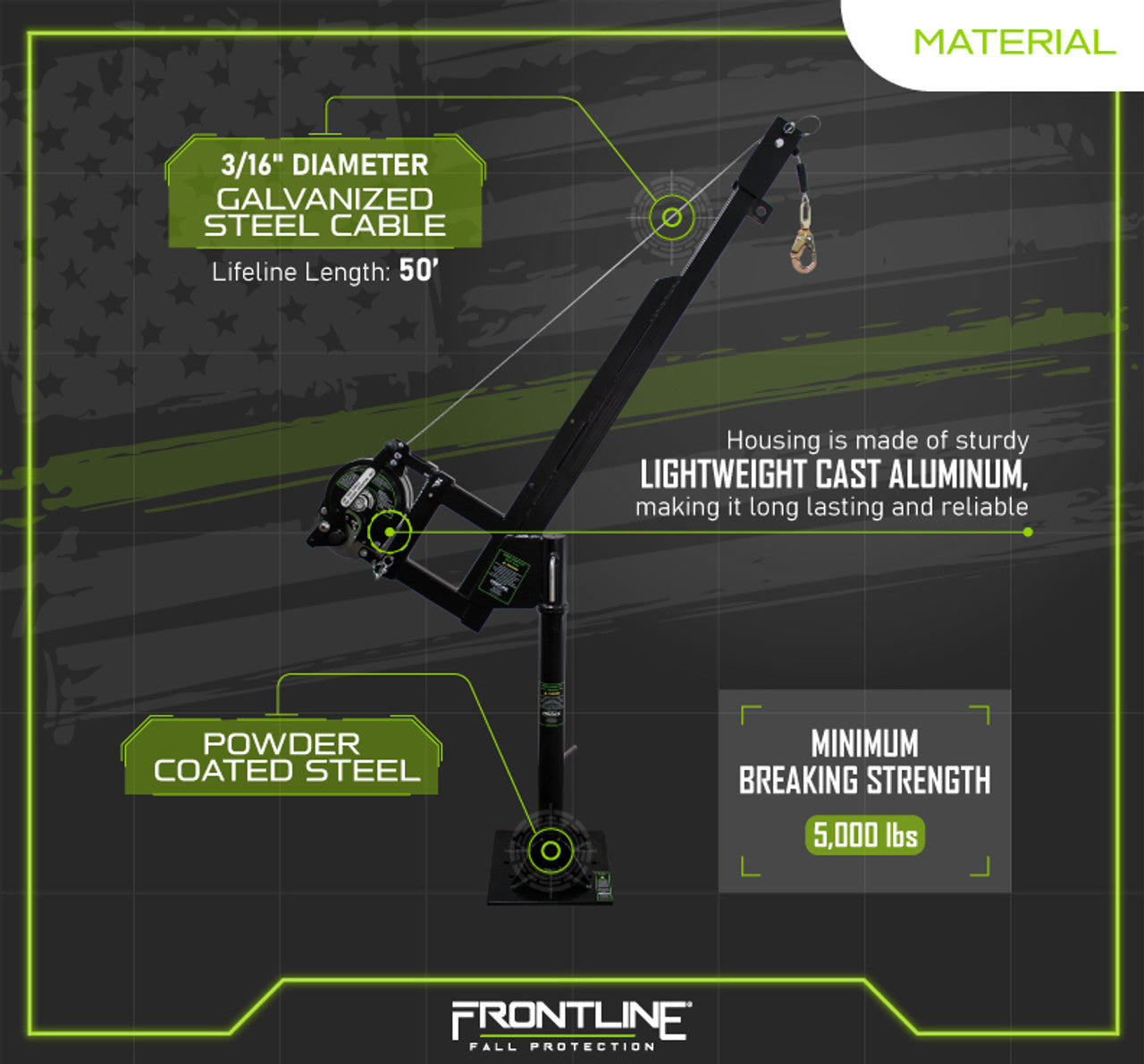 Frontline DAN75RA-US Patriot Confined Space Davit with 50' 3-Way Retrieval System - Made in USA