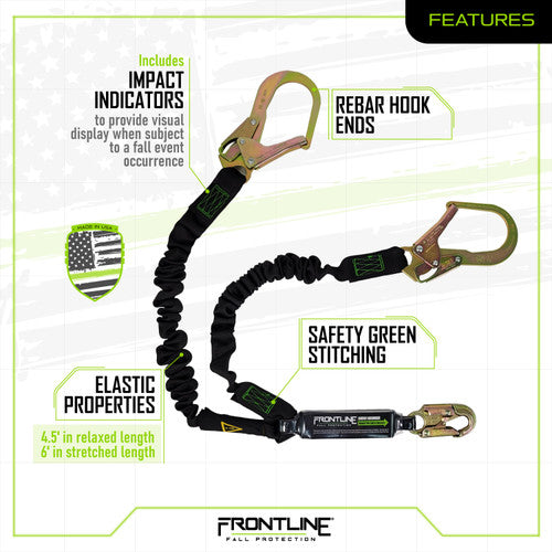 Frontline LES62R-US Patriot 6' Double Leg Elastic Lanyard with Rebar Hook Ends - Made in USA