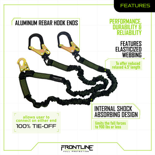 Frontline LIS62RA Elite Lite Elastic Twin Leg 6' Aluminum Rebar Hook Lanyard