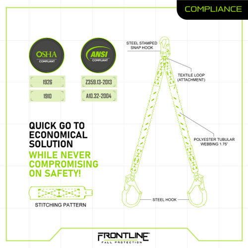 Frontline LIS62R Combat Twin Leg 6' Rebar Hook Lanyard with Internal Shock Absorber