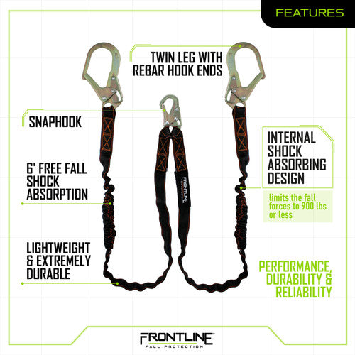 Frontline LIS62R Combat Twin Leg 6' Rebar Hook Lanyard with Internal Shock Absorber