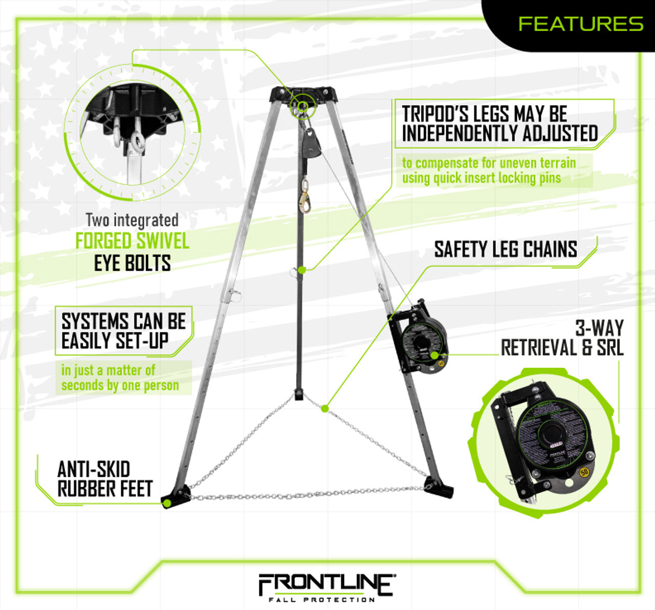 Frontline TAN07RA-US Patriot 7' Confined Space Tripod with 3-Way Retrieval System - Made in USA