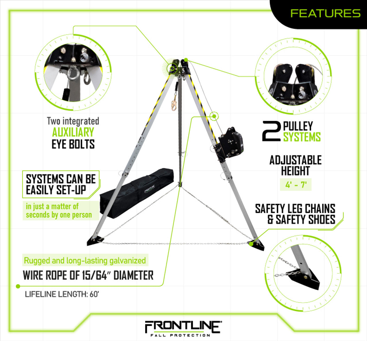 Frontline TAN07RU MEGApod Confined Space Kit 7' Aluminum Tripod with 60' Winch