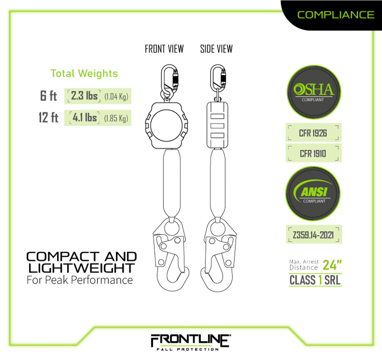 Frontline RPA12S Aramid Fiber Web Single Leg SRL with Steel Snap Hook End