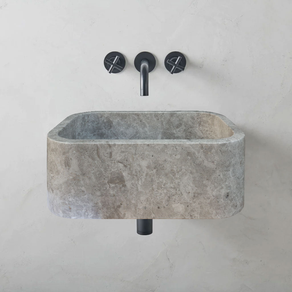 Lavabo de baño rectangular de mármol gris Tundra para montaje en pared (ancho) 12" (largo) 18" (alto) 7"