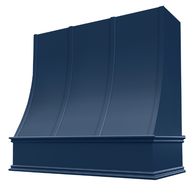 Navy Blue Wood Range Hood With Sloped Strapped Front and Decorative Trim - 30