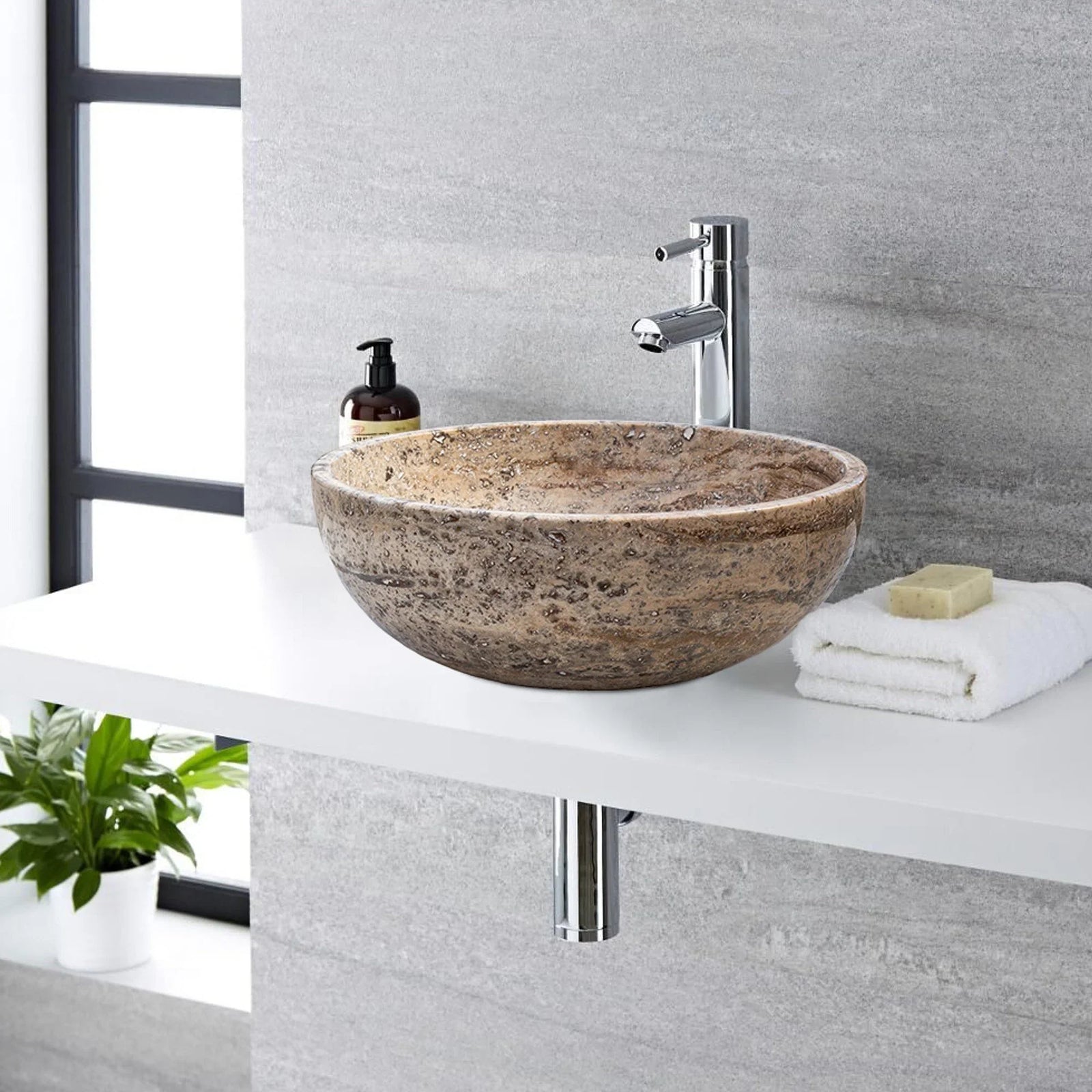 Lavabo de baño de piedra natural travertino beige Valencia sobre tocador (diámetro de 16