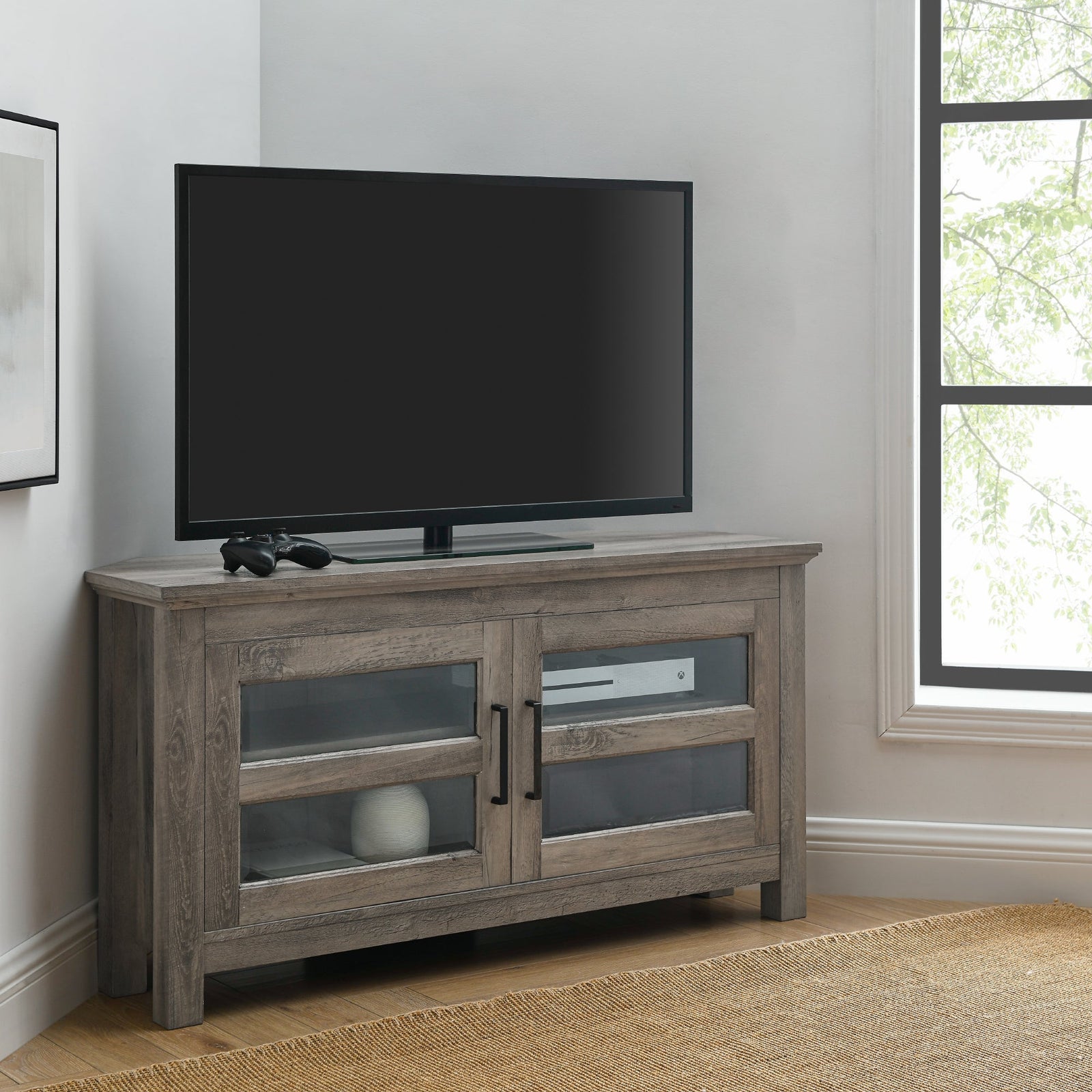 Mueble de TV esquinero moderno de madera de estilo transicional de 44