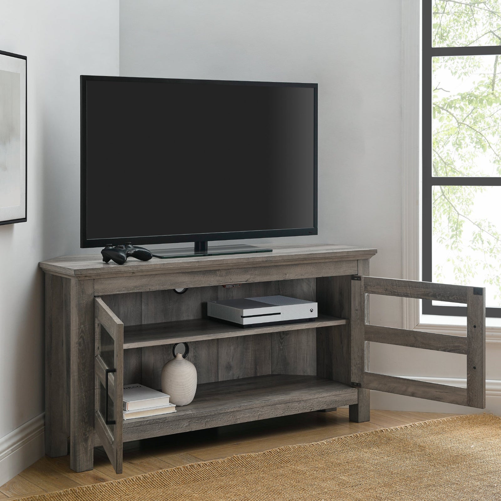 Mueble de TV esquinero moderno de madera de estilo transicional de 44