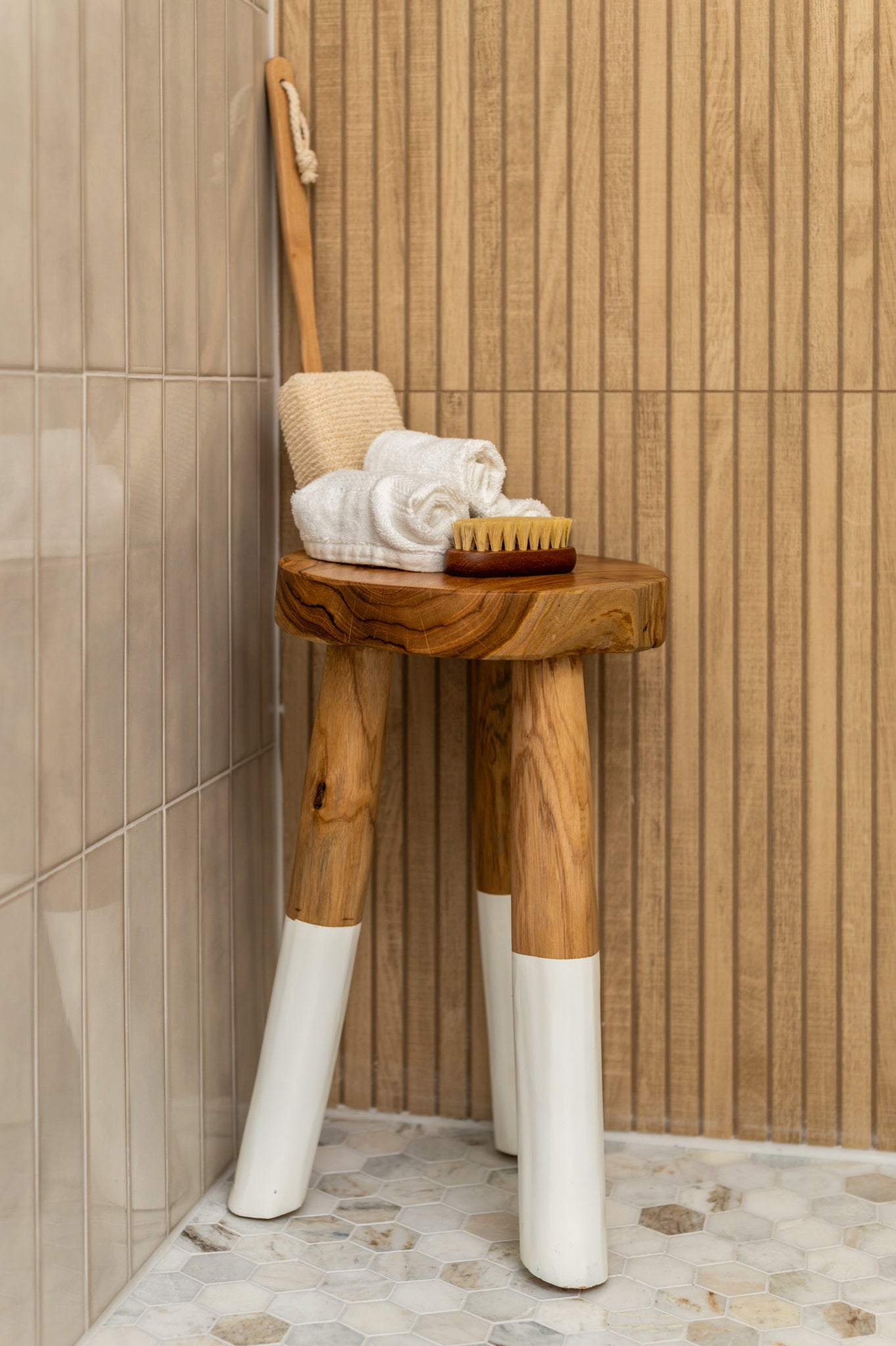 Teak stool with white legs