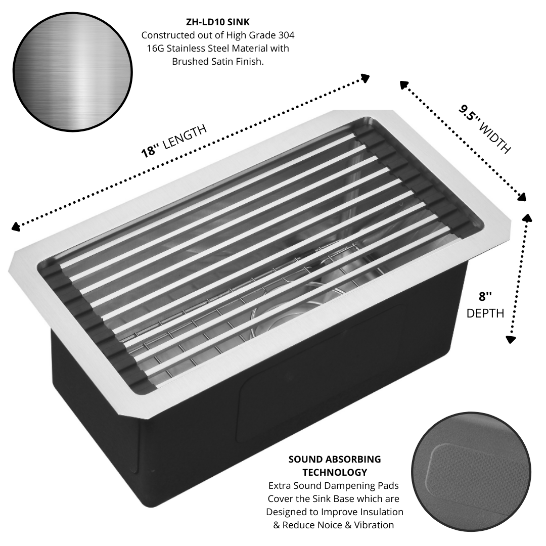 Fregadero de barra para estación de trabajo empotrable/bajo encimera Zeek de 10 x 18 pulgadas, acero inoxidable 16G de 10 pulgadas ZH-LD10
