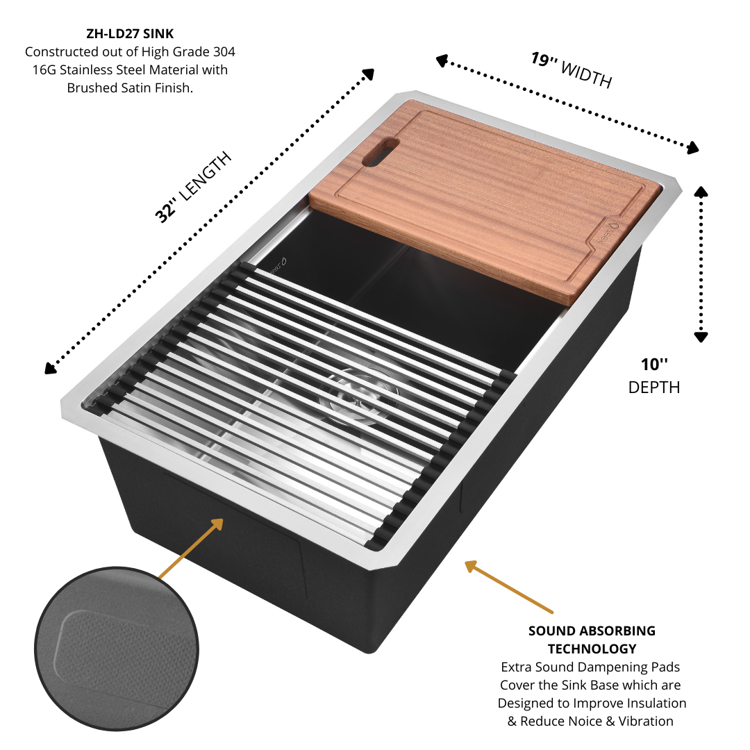 Fregadero de cocina de un solo tazón para empotrar/bajo encimera Zeek de 32