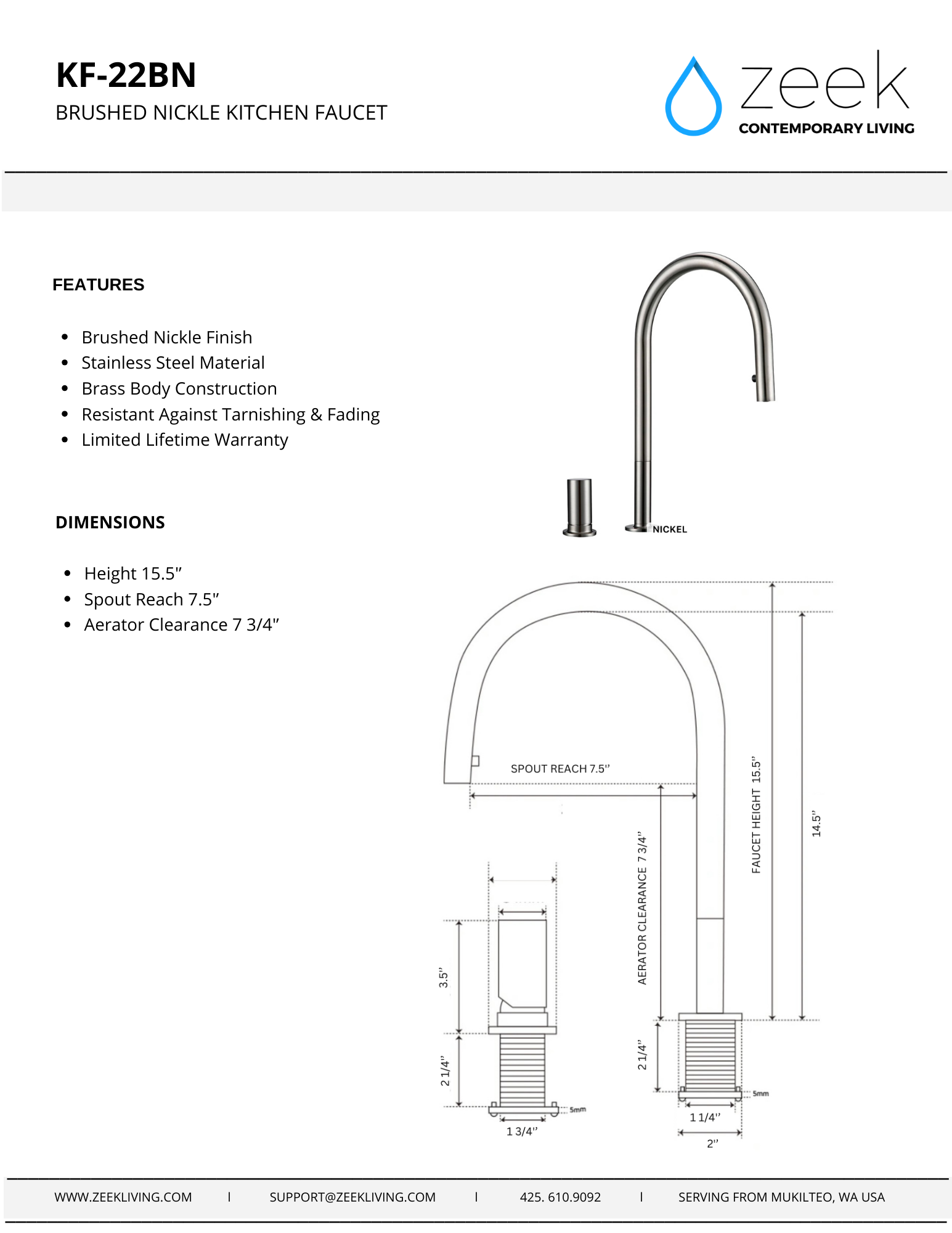 Grifo de cocina extraíble de níquel cepillado KF-22BN