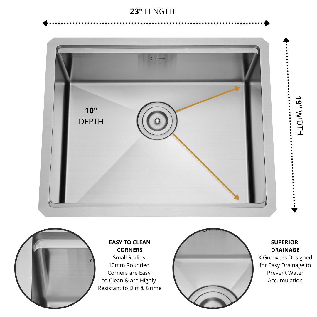 Fregadero o barra de cocina pequeño Zeek de 23 x 19 pulgadas para empotrar o empotrar en acero inoxidable 16G ZH-LD23