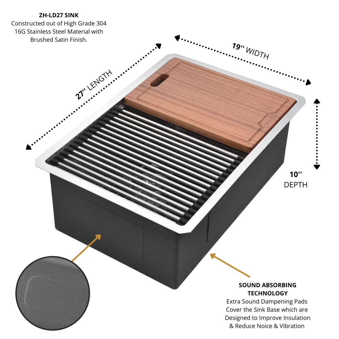 Fregadero de cocina de 27 x 19 pulgadas para empotrar bajo encimera, de acero inoxidable 16G ZH-LD27